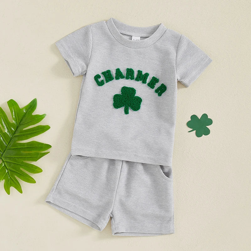 Lioraitiin Toddler Baby Boy Girl St Patricks Day Clover Waffle Short Sleeve Shirt Summer Spring Clothes