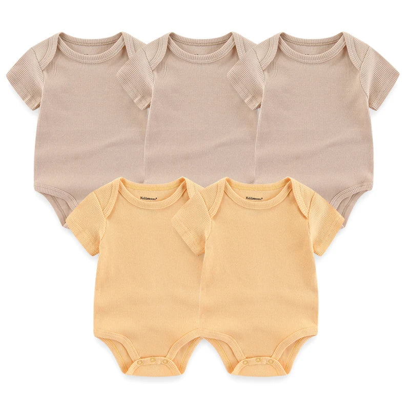 Solid Color 5Pieces Unisex Ribbed Cotton Newborn Baby Girl Clothes Set Short Sleeve Bodysuits Baby Boy Clothes Summer