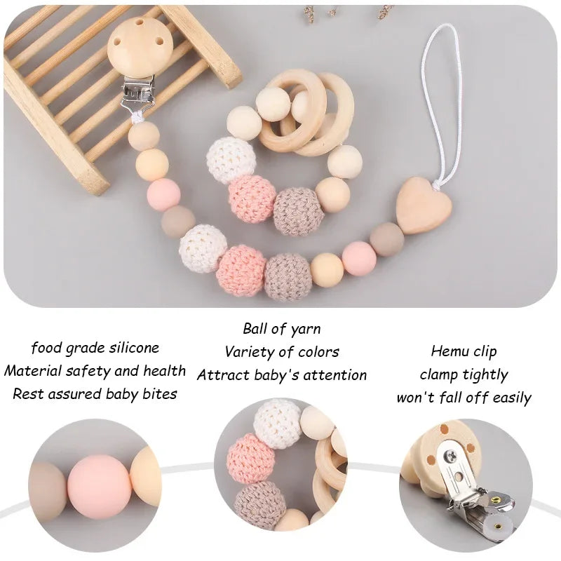 1-2 pcs Baby Pacifier Clip Wooden Teethers Bracelet Set Silicone Beads Babies Soothe Nipple Teething Toys Anti-lost Chain Newborn