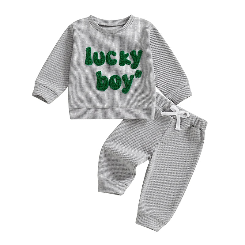 Lioraitiin Toddler Baby Boy St Patricks Day Outfit Letter Embroidery Long Sleeve Waffle Knit Sweatshirt and Pants Set