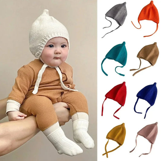 Candy Color Baby Knit Hat Autumn Winter Infant Ear Protection Cap Cute Cartoon Kids Boy Girl Lacing Beanie Caps