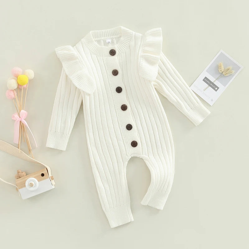 Lioraitiin 0-18M Baby Girl’s Knitted Long Sleeve Jumpsuit Fashion Solid Round Neck Button Casual Long Romper