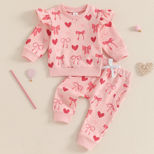 MISOWMNJOY Cute Casual Baby Girls Clothing Set Toddler Infant Spring Fall Outfits Long Sleeve Bow Heart Print Tops Pants Kid Set