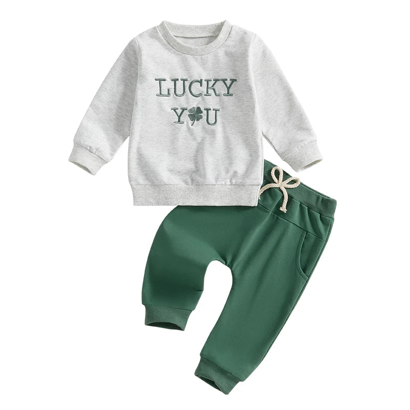 Toddler 2-Piece Spring Ensemble with Shamrock Embroidery Sweatshirt and Pants - St Patrick s Day Outfit for Baby Boy or Girl