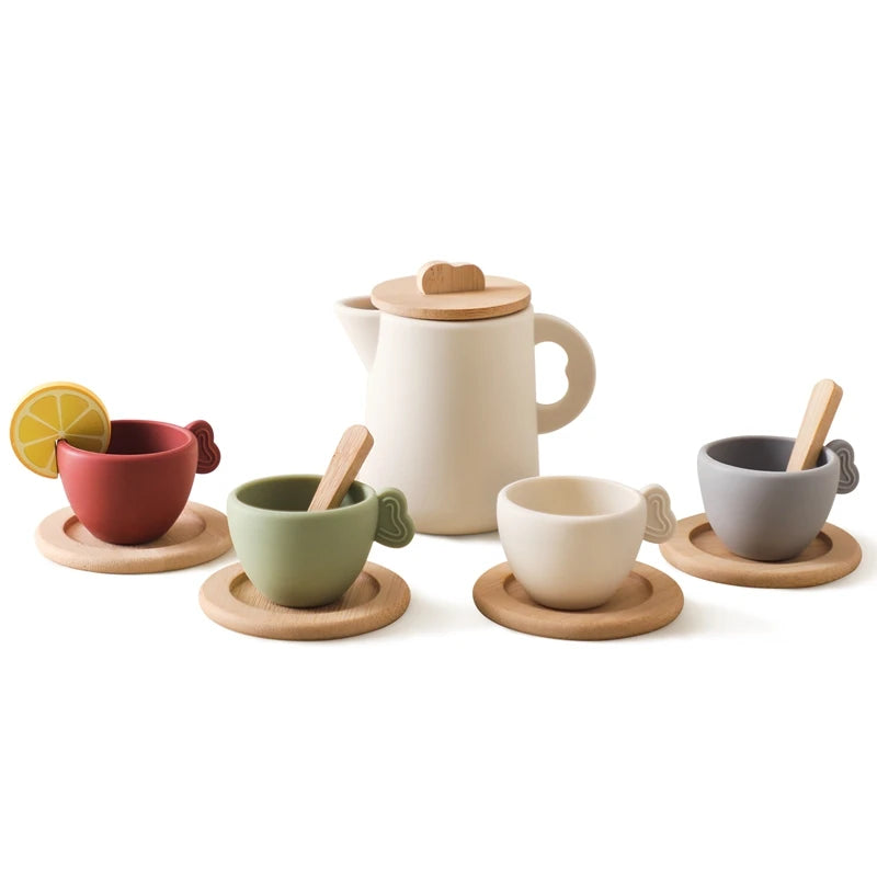 Wooden Children Montessori Toy Teapot Teacup Simulation Kitchen Utensil  BPA Free Silicone Kid Education Pretend Play Toy Gift