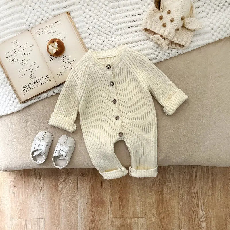 Autumn Winter Clothes Newborn Knitted Cardigan Solid Romper Girl Baby Ribbed Knit Jumpsuit Boy Infant Thick Fashion One-piece