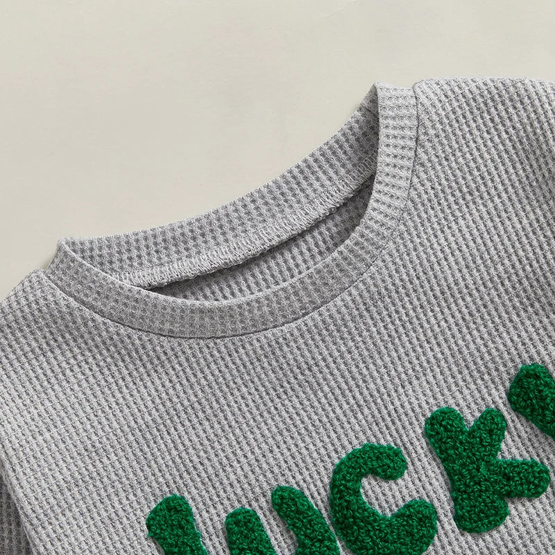 Lioraitiin Toddler Baby Boy St Patricks Day Outfit Letter Embroidery Long Sleeve Waffle Knit Sweatshirt and Pants Set