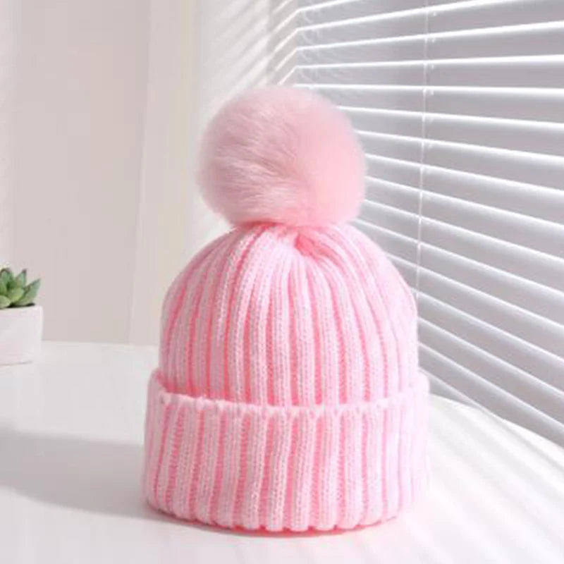 Fluffy Fur Ball Baby Beanie Winter Warm Kids Skullies Cap 2-6year Children Woolen Crochet Bonnet Solid Color Toddler Knitted Hat