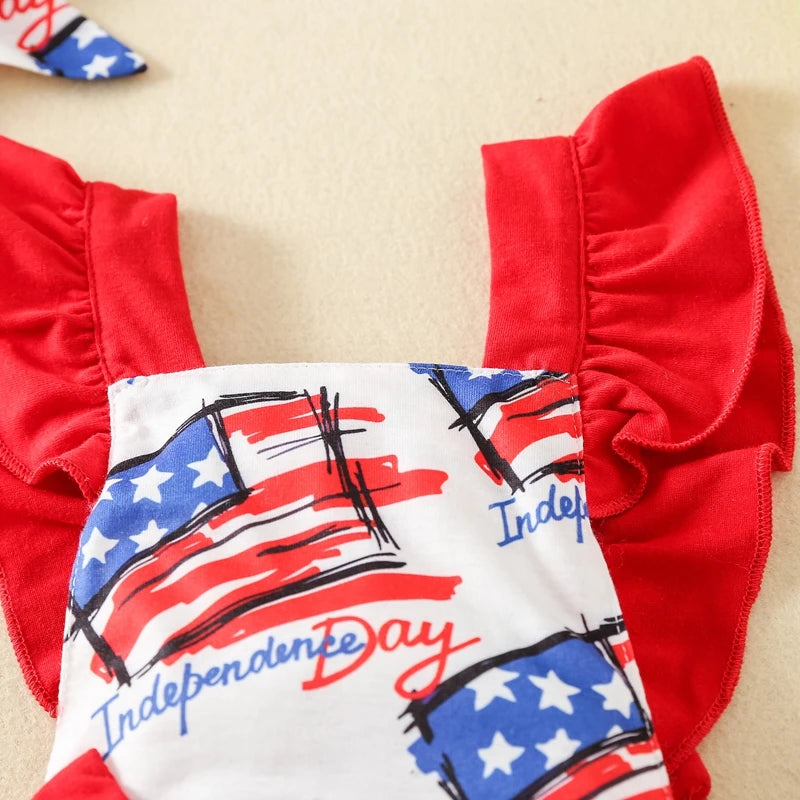 Pudcoco Baby Girl 4th of July Outfit Letter American Flag Print Fly Sleeve Romper Bow Headband 2 Piece Summer Set Infant Toddler