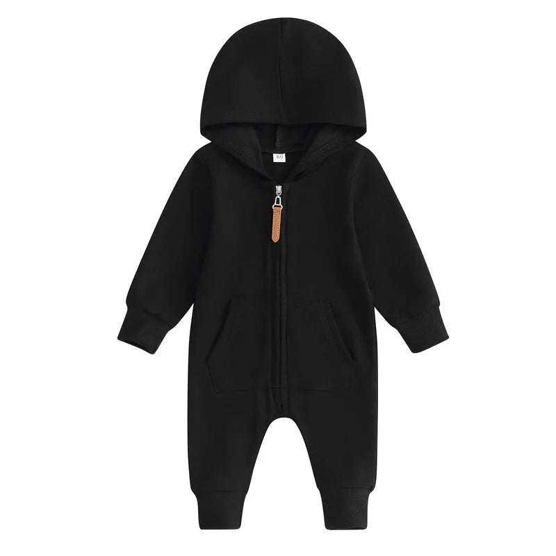 RUEWEY Baby Girl Boy Clothes Newborn Spring Autumn Hooded Romper Solid Color Zipper Jumpsuit for Kids Baby Items Clothing