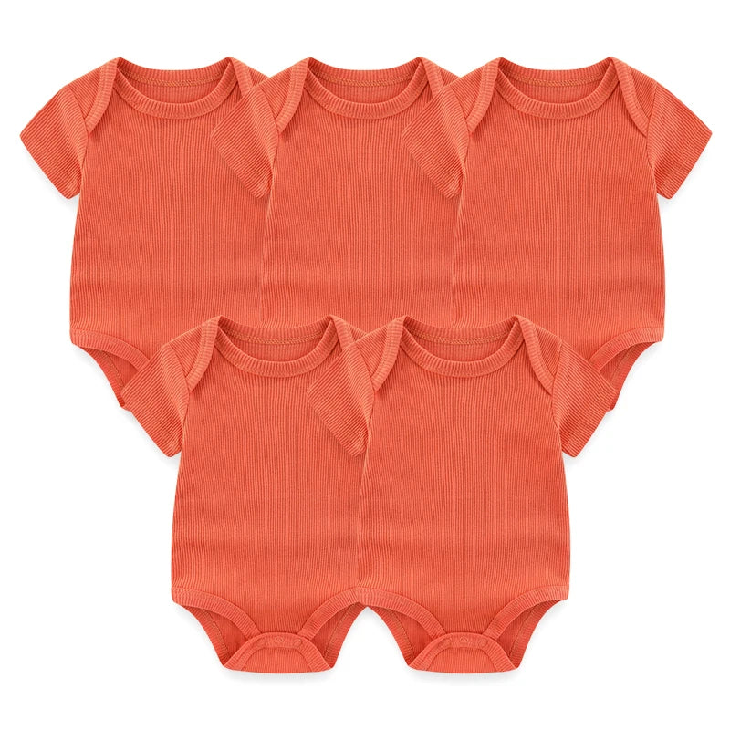 Solid Color 5Pieces Unisex Ribbed Cotton Newborn Baby Girl Clothes Set Short Sleeve Bodysuits Baby Boy Clothes Summer