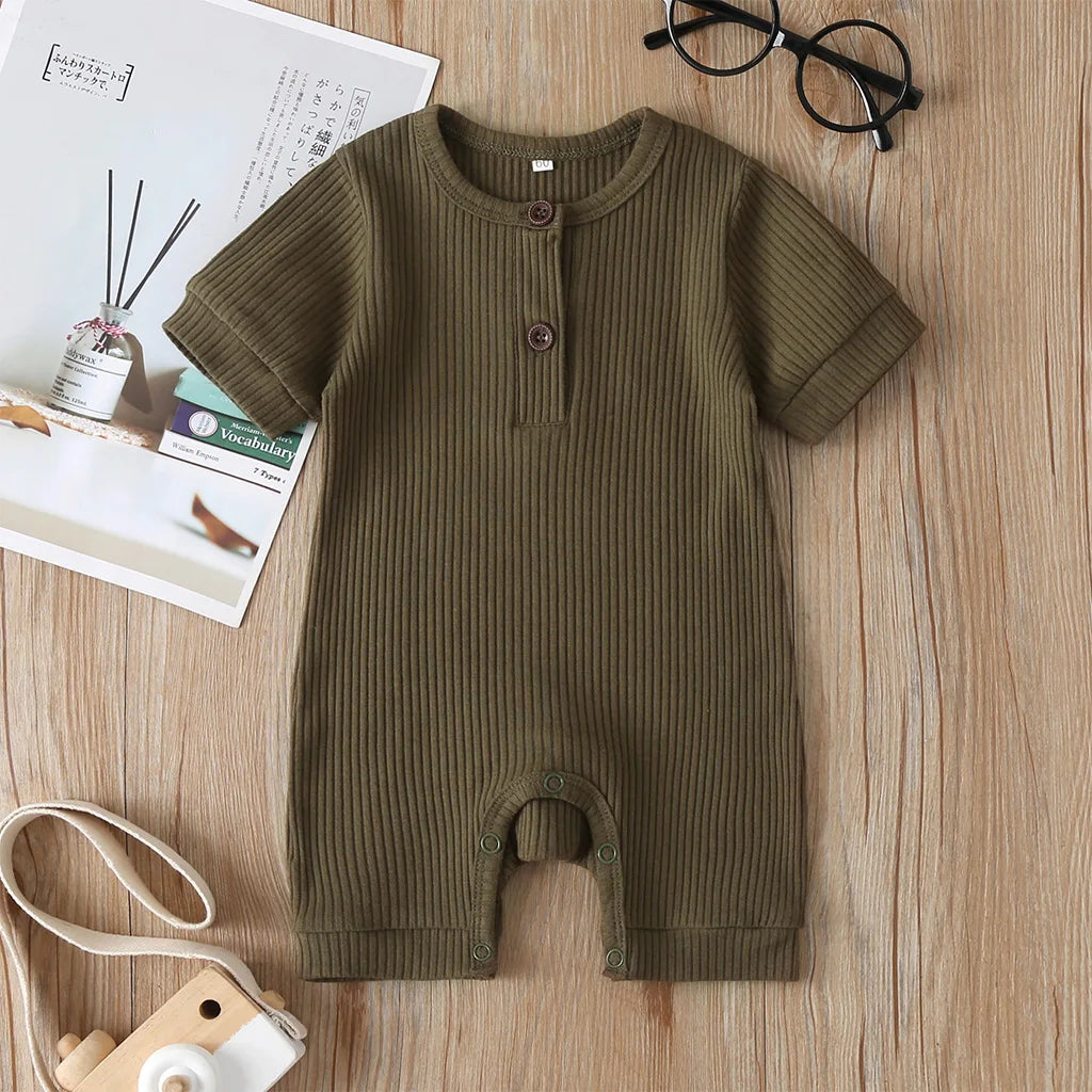 Baby Boys Girls Short Sleeve Romper Summer Toddler Clothes Infant Solid Color Knit Rib O Neck Jumpsuits Playsuit Outfits