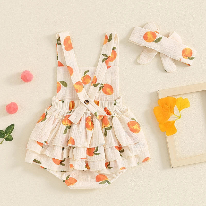 Lioraitiin Summer Baby Girls Romper Peach Print Sleeveless Square Neck Side Tiered Ruffled Jumpsuit with Bow Headband