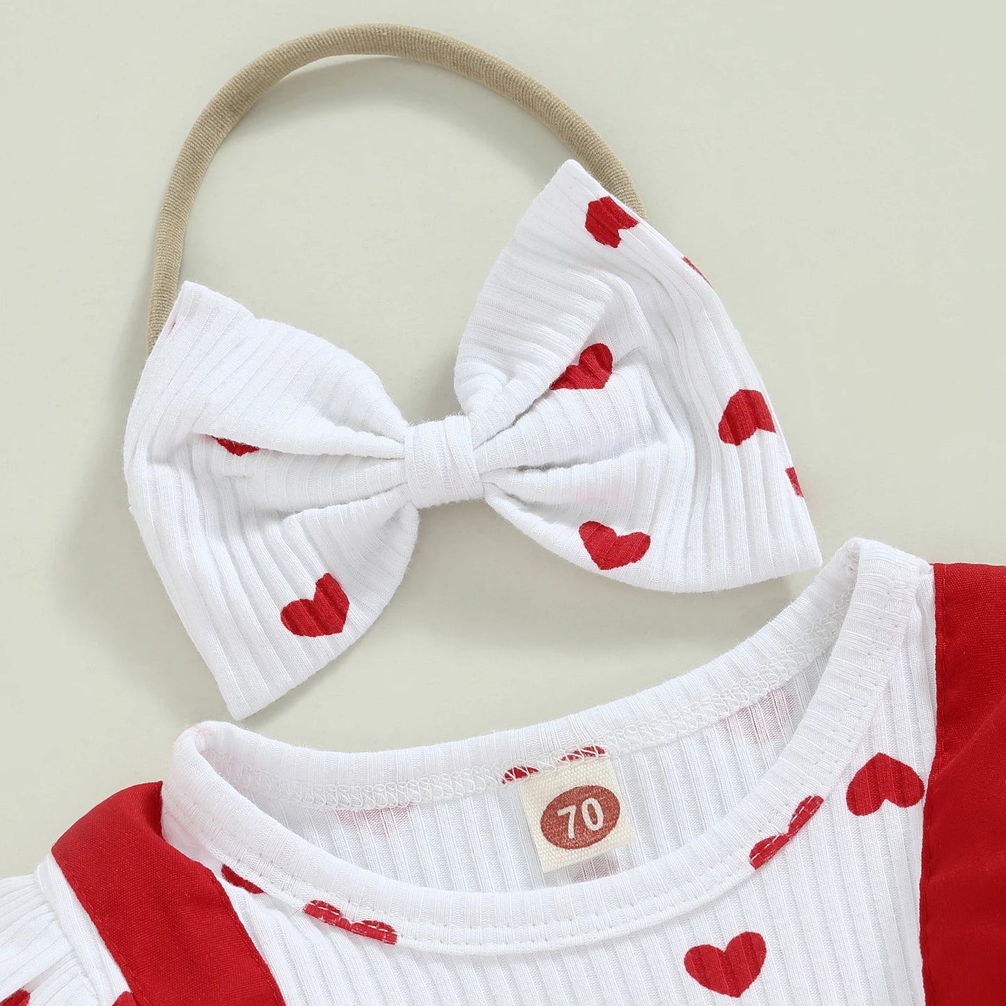 Valentines Day Infant Baby Girls Romper Heart Print Long Fly Sleeve Crew Neck Ruffles Jumpsuits Baby Jumpsuit with Bow Headband