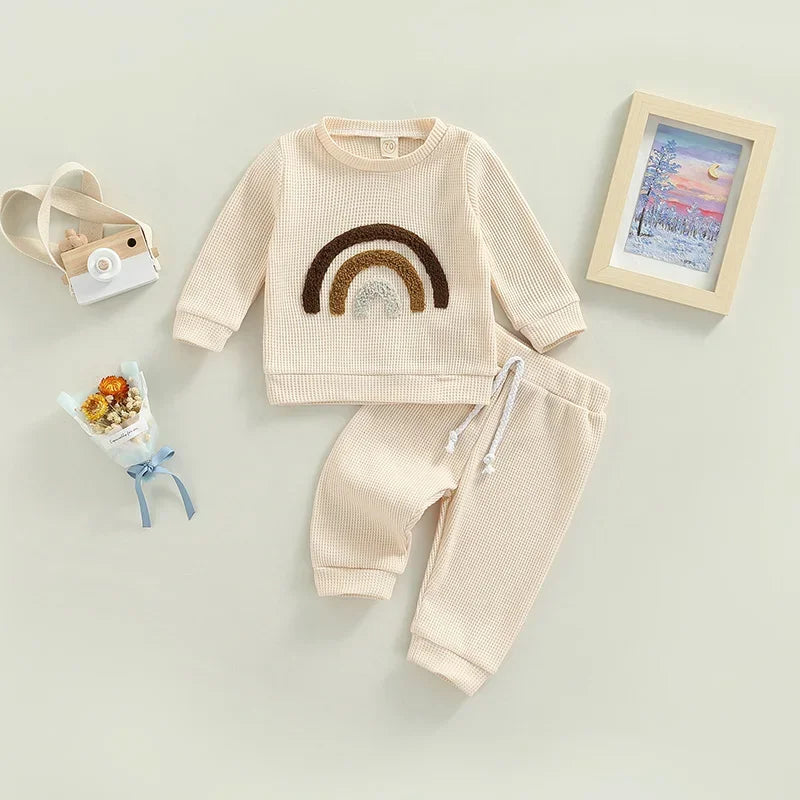 Toddler Baby Boys Gilrs Clothes Sets Basic Cotton Embroidered Rainbow Sweatshirt+Jogger Pants Set Kids Sports Suits Outfits