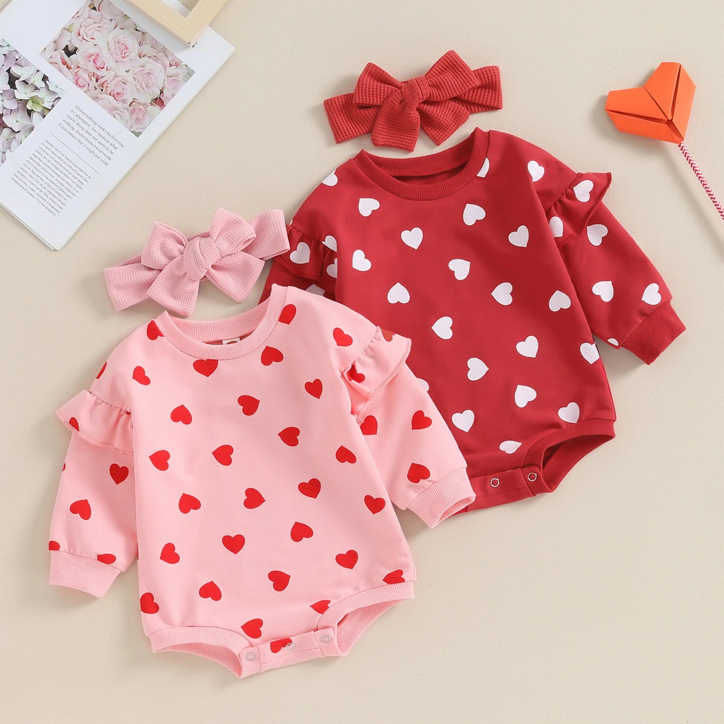 Citgeett Spring Valentine's Day Infant Baby Girl Outfits Ruffle Long Sleeve Heart Print Bodysuit Headband Set Autumn Clothes