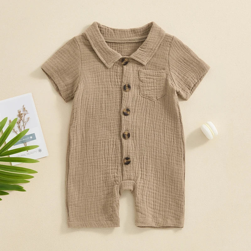 Baby Clothing Boys girl Summer Solid Cotton Linen Pocket Short Sleeve Button Rompers Jumpsuits For Newborn Clothes