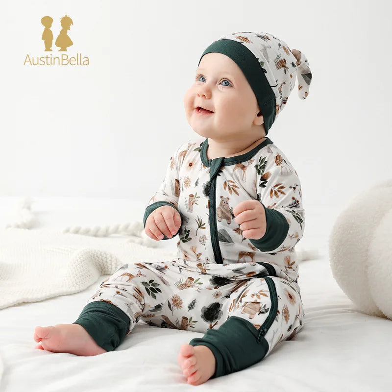 AustinBella Bamboo Fiber Baby Zipper Romper Printed Baby Boy Girl Clothes Newborn One-piece Bodysuit Onesie Bamboo Baby Clothing