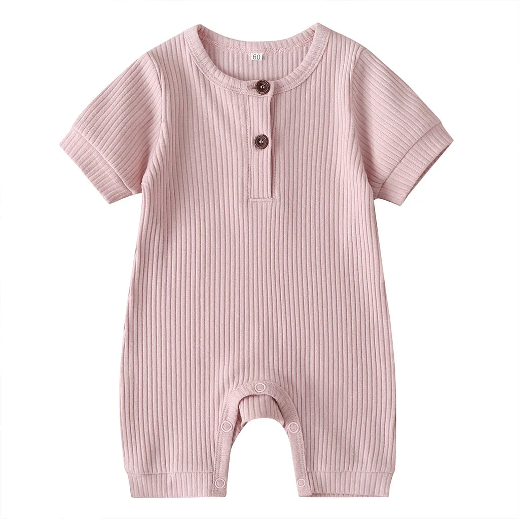 Baby Boys Girls Short Sleeve Romper Summer Toddler Clothes Infant Solid Color Knit Rib O Neck Jumpsuits Playsuit Outfits