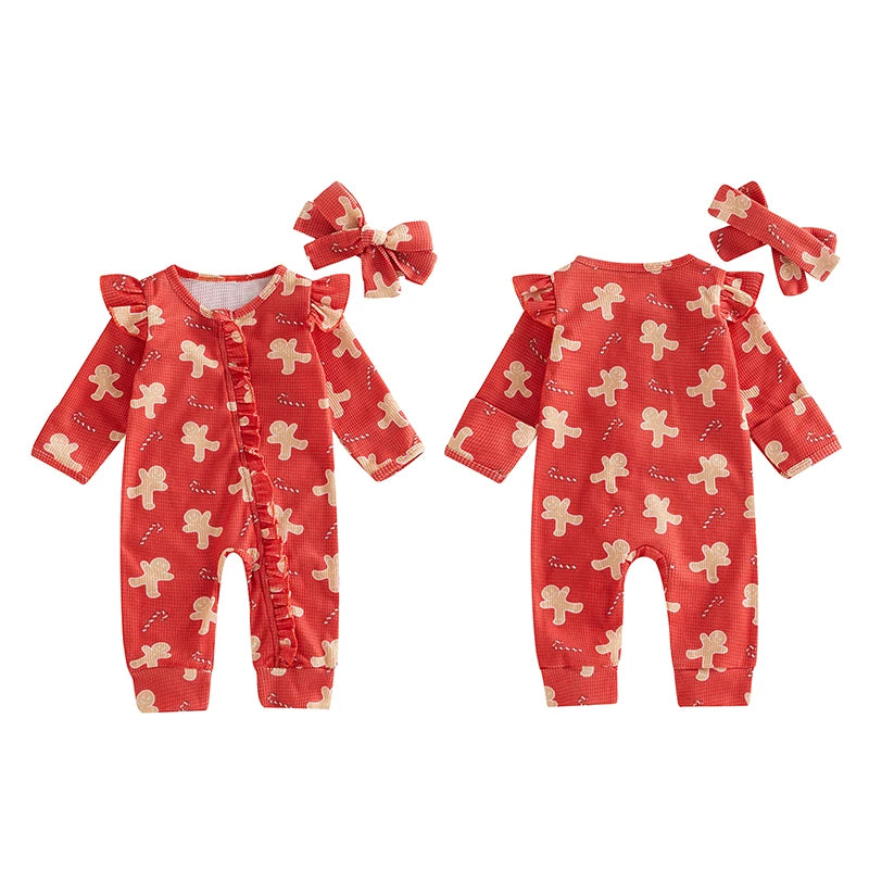 Baby Girl Christmas Outfit Gingerbread Man Jumpsuit Candy Cane Bodysuit Bow Neutral Fall Winter 1 Piece Romper