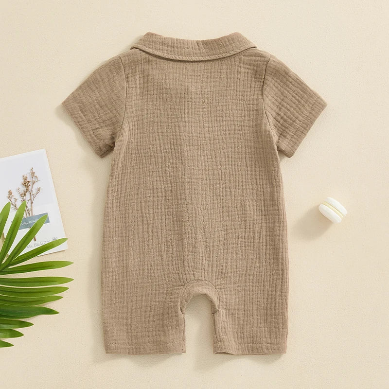 Baby Clothing Boys girl Summer Solid Cotton Linen Pocket Short Sleeve Button Rompers Jumpsuits For Newborn Clothes