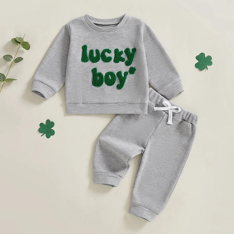 Lioraitiin Toddler Baby Boy St Patricks Day Outfit Letter Embroidery Long Sleeve Waffle Knit Sweatshirt and Pants Set