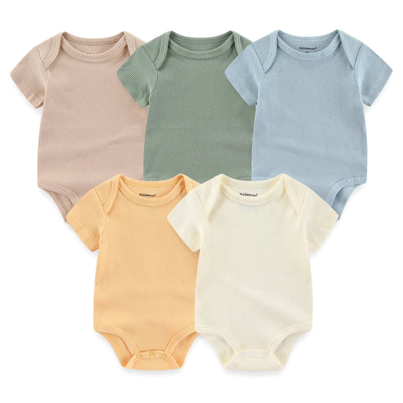 Solid Color 5Pieces Unisex Ribbed Cotton Newborn Baby Girl Clothes Set Short Sleeve Bodysuits Baby Boy Clothes Summer