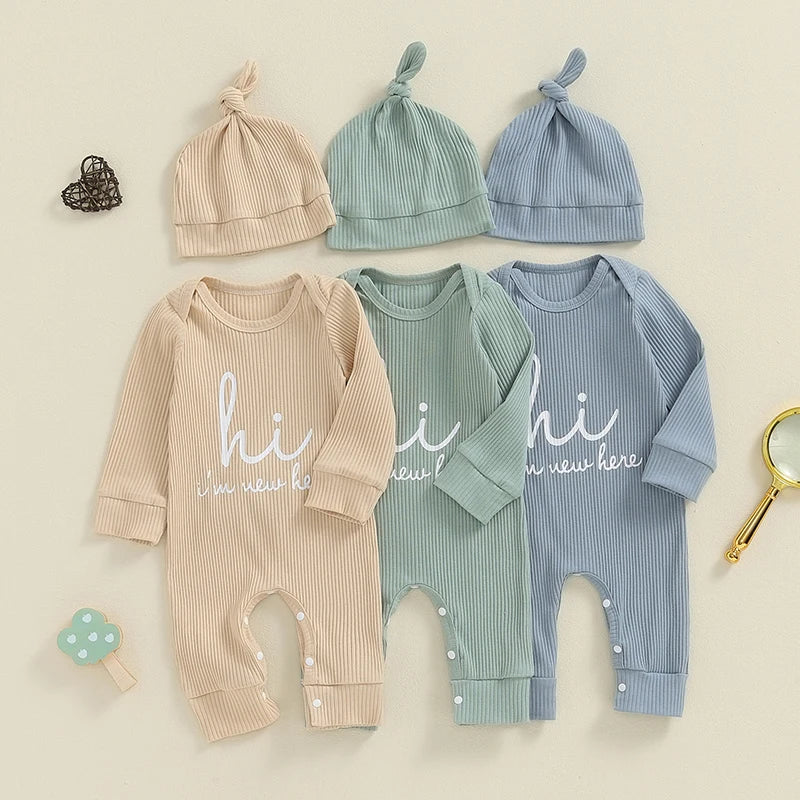 EWODOS Newborn Clothes, Hi I m New Here Coming Home From Hospital Outfits Spring Romper with Hat Sets