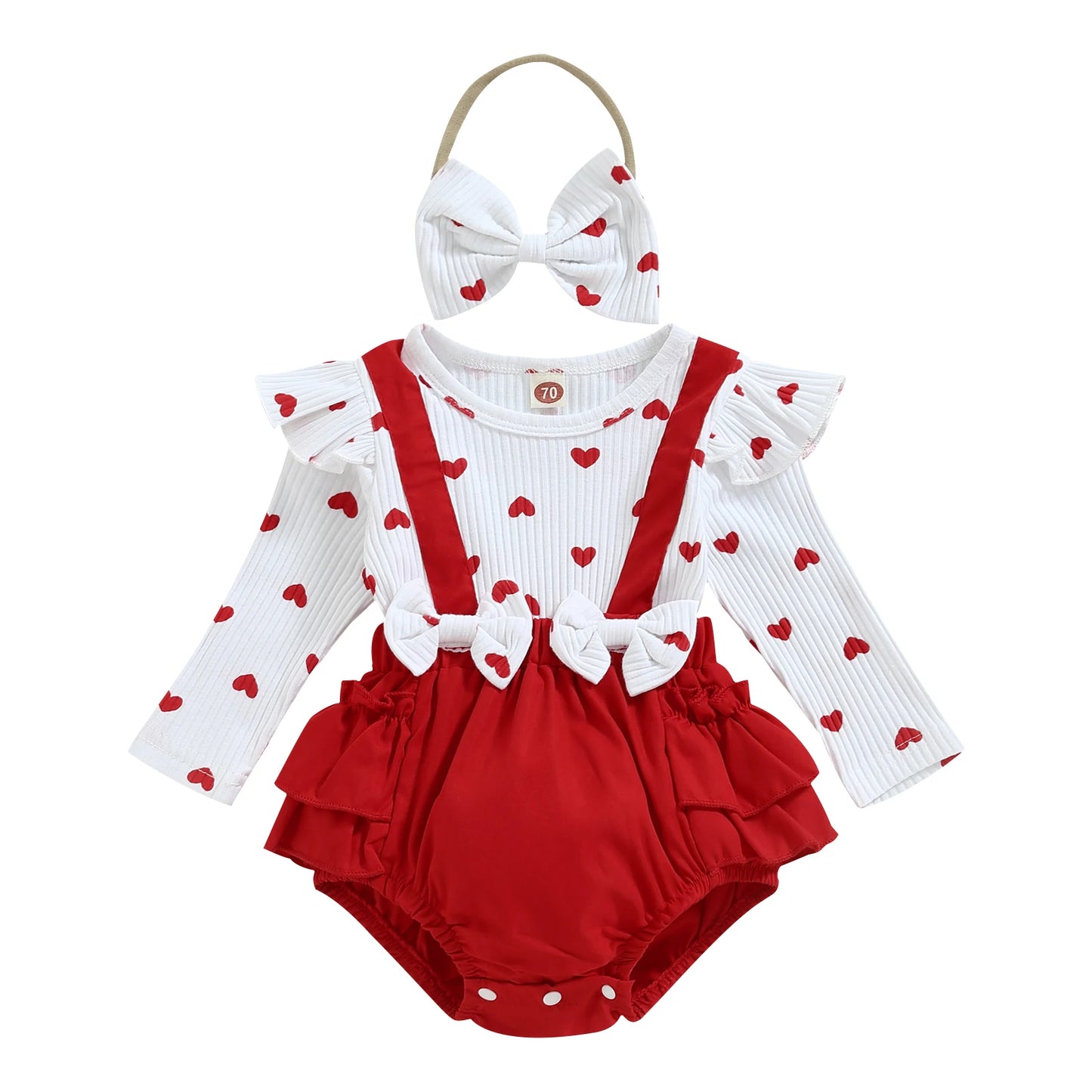 Valentines Day Infant Baby Girls Romper Heart Print Long Fly Sleeve Crew Neck Ruffles Jumpsuits Baby Jumpsuit with Bow Headband