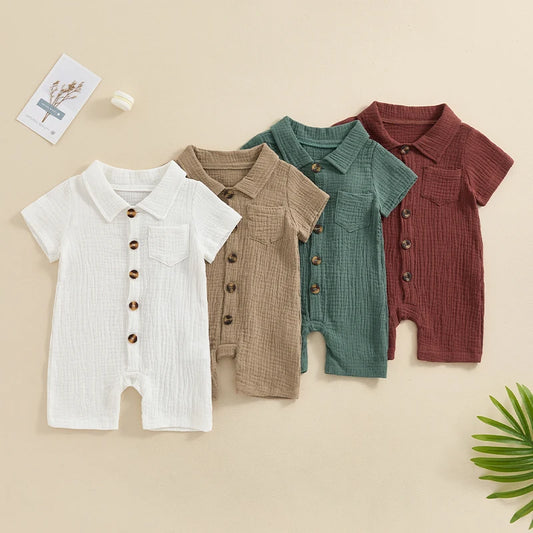 Baby Clothing Boys girl Summer Solid Cotton Linen Pocket Short Sleeve Button Rompers Jumpsuits For Newborn Clothes