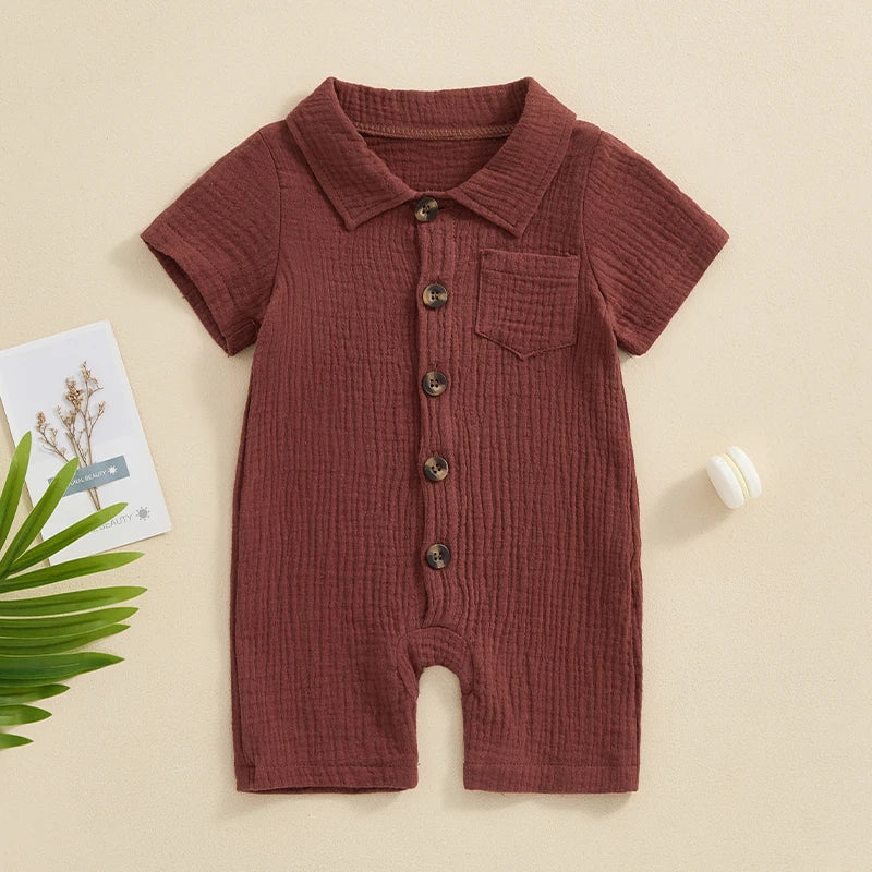 Baby Clothing Boys girl Summer Solid Cotton Linen Pocket Short Sleeve Button Rompers Jumpsuits For Newborn Clothes