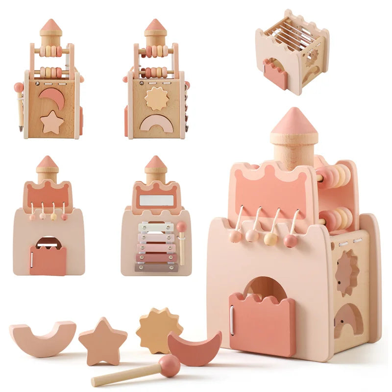 Baby Montessori Toy Wooden Five-in-one Mushroom Castle Stacking Puzzle Toy Kid Houses Blocks Early Childhood Education Game Gift