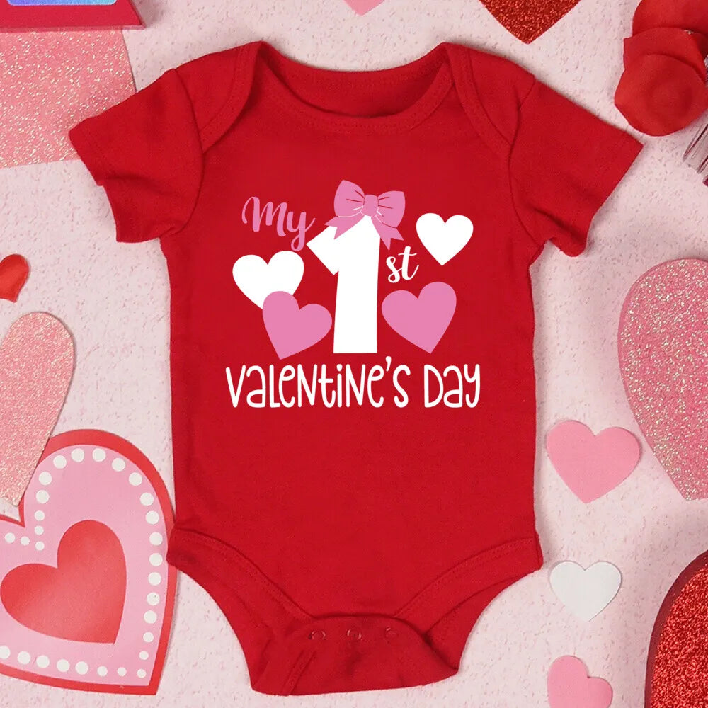 My First Valentine's Day Printed Baby Romper Newborn Red Cotton Bodysuit Valentine Party Infant Outfit Toddler Holiday Jumpsuit