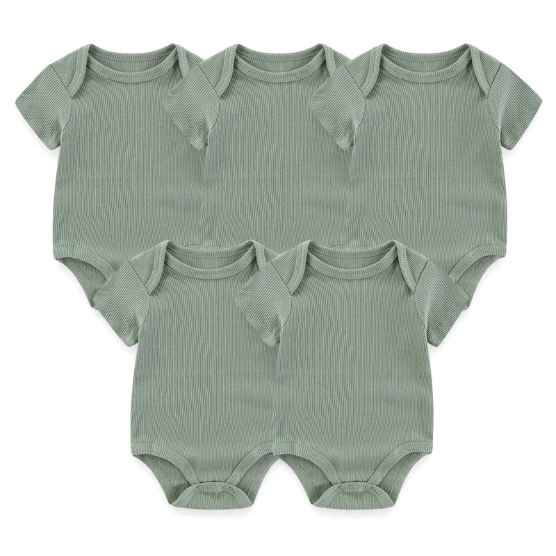 Solid Color 5Pieces Unisex Ribbed Cotton Newborn Baby Girl Clothes Set Short Sleeve Bodysuits Baby Boy Clothes Summer