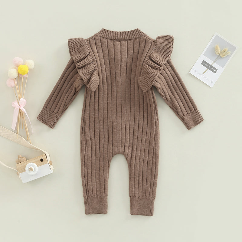 Lioraitiin 0-18M Baby Girl’s Knitted Long Sleeve Jumpsuit Fashion Solid Round Neck Button Casual Long Romper