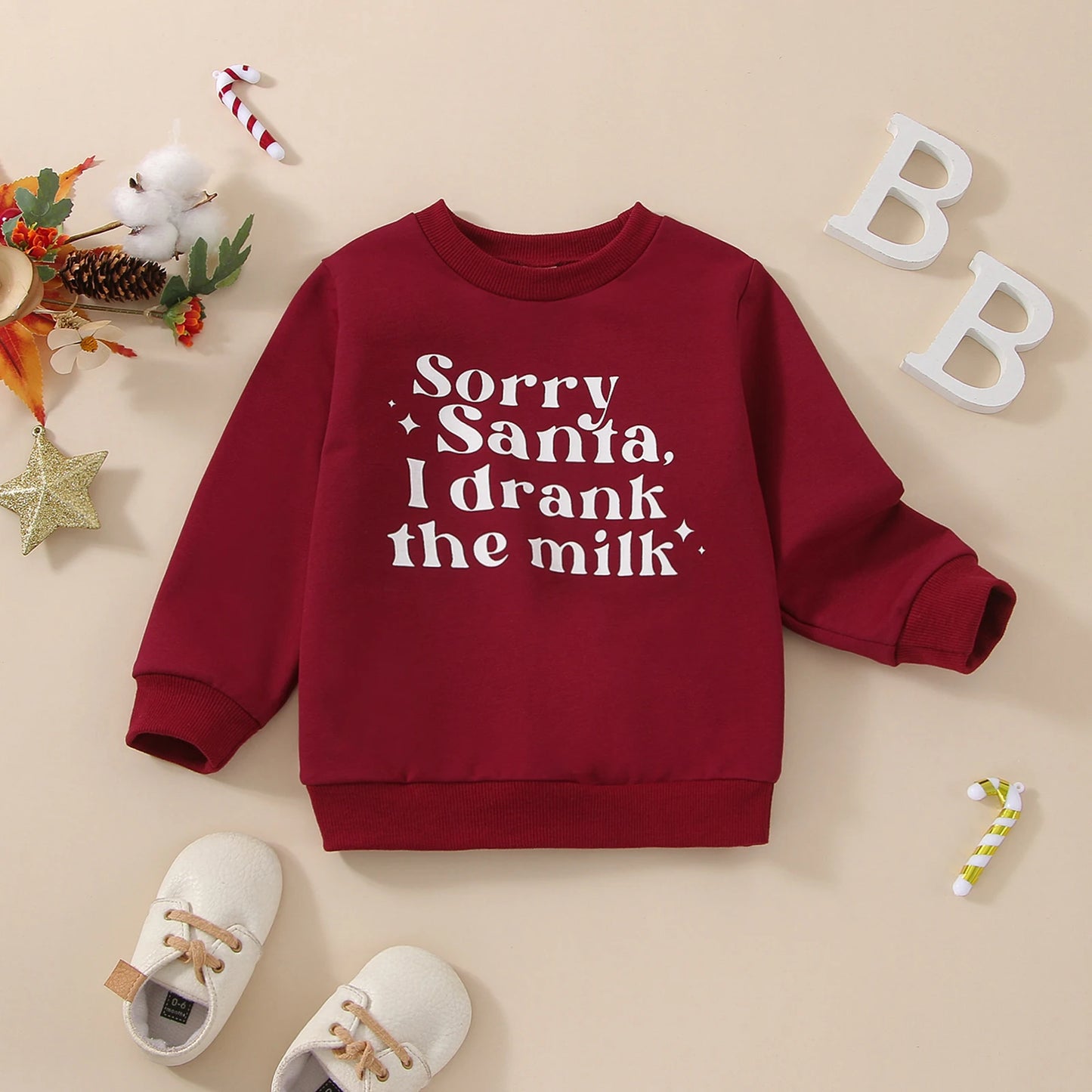 Lioraitiin 0-24M Baby Autumn Sweatshirts Long Sleeve Red Sorry Santa I Drank The Milk Letter Printed Top