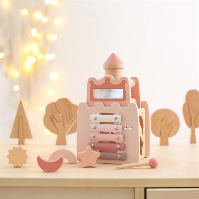 Baby Montessori Toy Wooden Five-in-one Mushroom Castle Stacking Puzzle Toy Kid Houses Blocks Early Childhood Education Game Gift