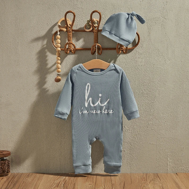 EWODOS Newborn Clothes, Hi I m New Here Coming Home From Hospital Outfits Spring Romper with Hat Sets