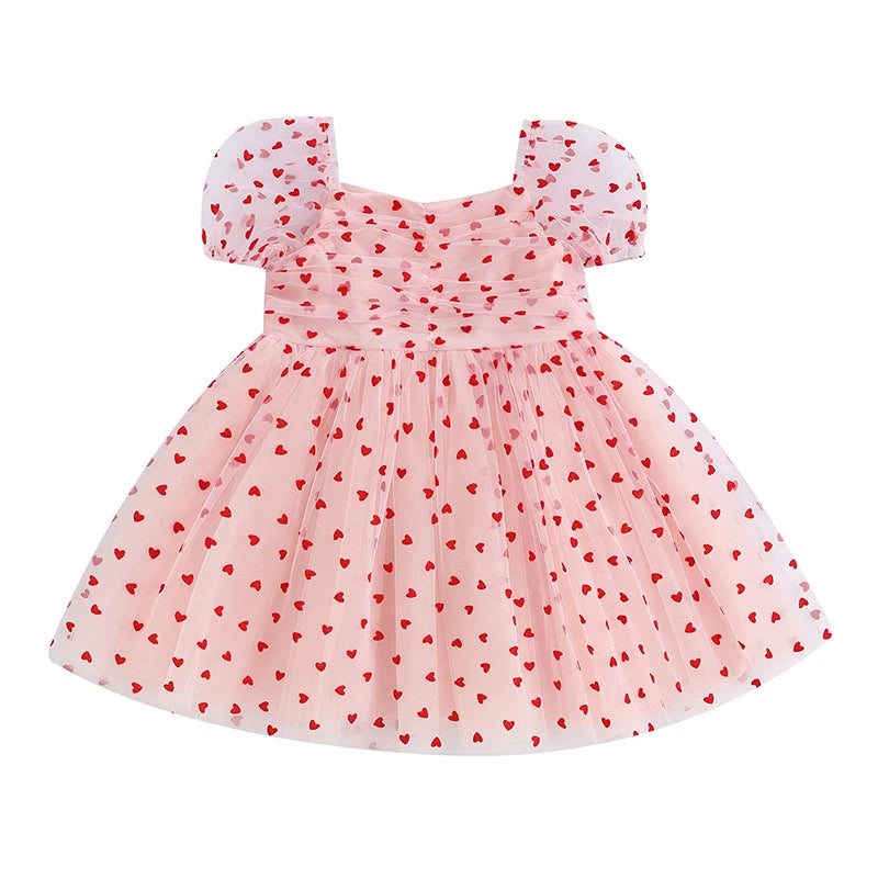 Lioraitiin 6M-4Y Cute Baby Girl Valentine’s Day Dress Heart Print Short Puff Sleeve Tulle Dress Cute Princess Dress