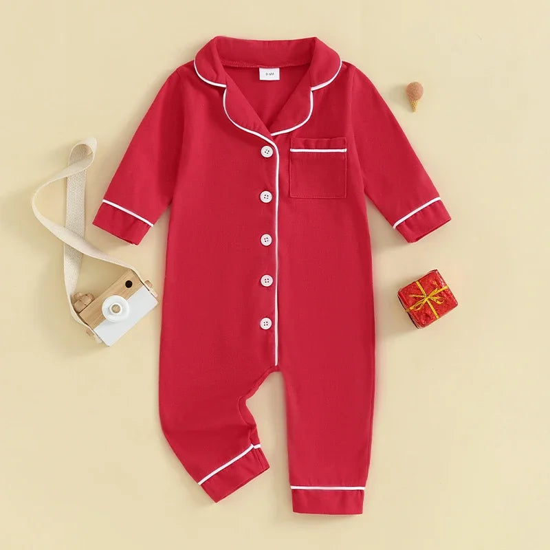 Baby Boys Girls Rompers Pajamas Patchwork Turn-Down Collar Buttons Long Sleeve Infant Jumpsuits Sleepwear Spring Fall Nightwear