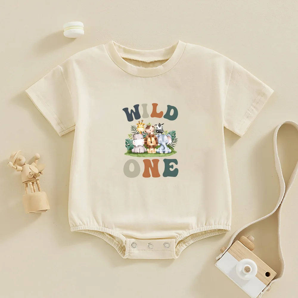 Wild One First Birthday Baby Bubble Romper Safari Zoo Animal 1st Birthday Oversized T-Shirt Rompers Unisex Natural Toddler Tee