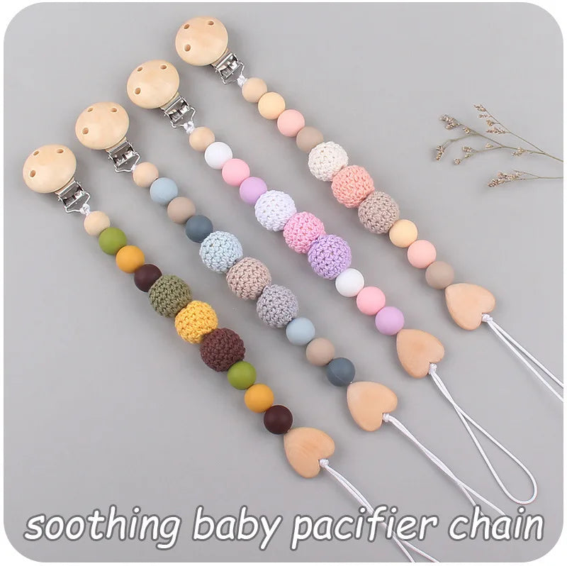 1-2 pcs Baby Pacifier Clip Wooden Teethers Bracelet Set Silicone Beads Babies Soothe Nipple Teething Toys Anti-lost Chain Newborn