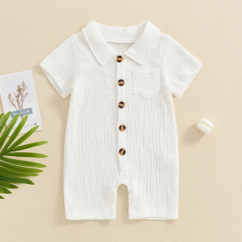 Baby Clothing Boys girl Summer Solid Cotton Linen Pocket Short Sleeve Button Rompers Jumpsuits For Newborn Clothes