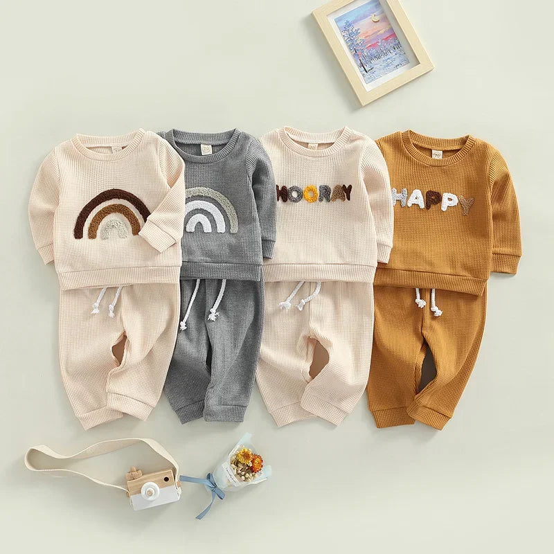 Toddler Baby Boys Gilrs Clothes Sets Basic Cotton Embroidered Rainbow Sweatshirt+Jogger Pants Set Kids Sports Suits Outfits