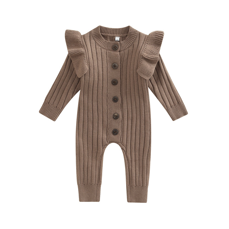 Lioraitiin 0-18M Baby Girl’s Knitted Long Sleeve Jumpsuit Fashion Solid Round Neck Button Casual Long Romper