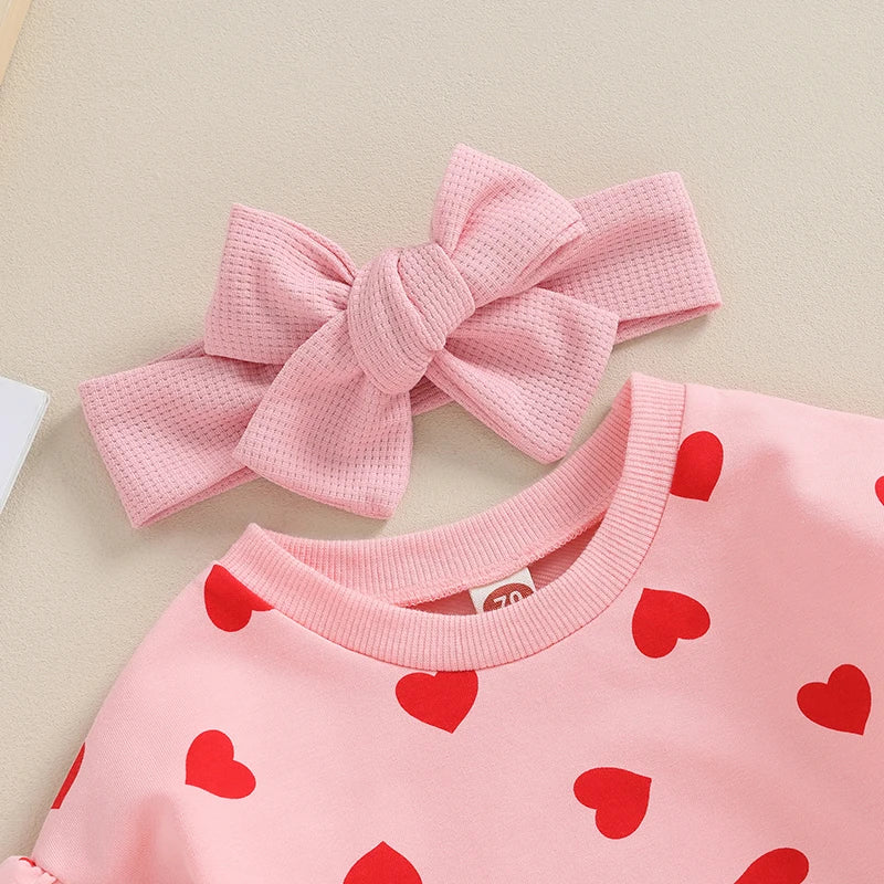 Citgeett Spring Valentine's Day Infant Baby Girl Outfits Ruffle Long Sleeve Heart Print Bodysuit Headband Set Autumn Clothes