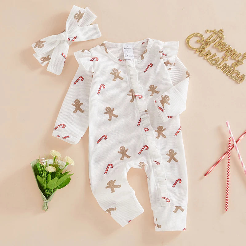 Baby Girl Christmas Outfit Gingerbread Man Jumpsuit Candy Cane Bodysuit Bow Neutral Fall Winter 1 Piece Romper