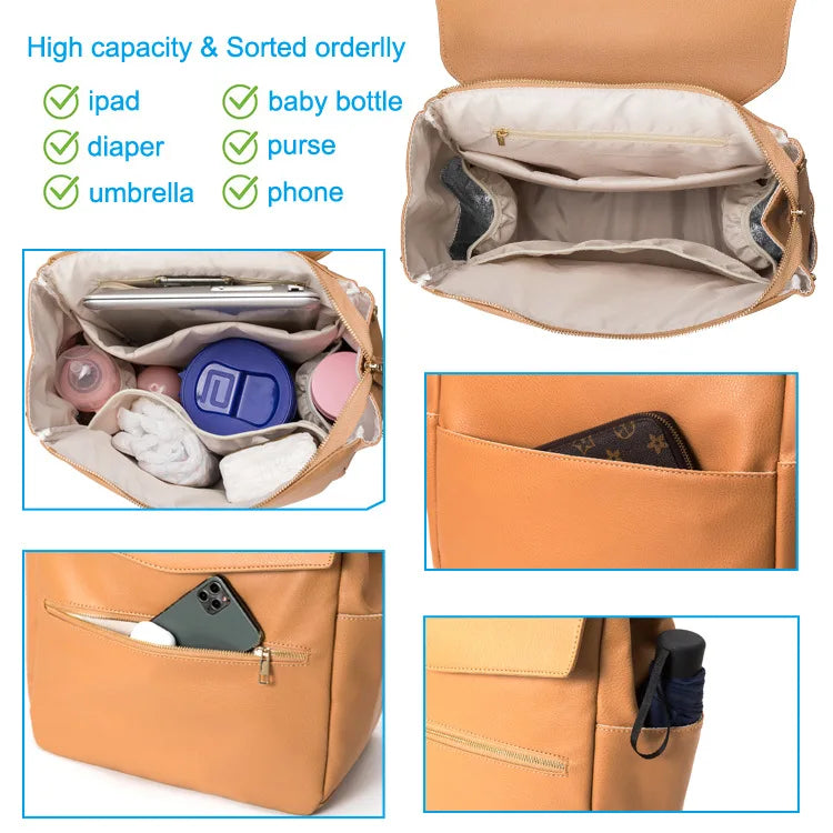 PU Leather Baby Diaper Bag Backpack For Moms Large Capacity Nappy Bag with Changing Pad Stroller Straps baby bags organizer