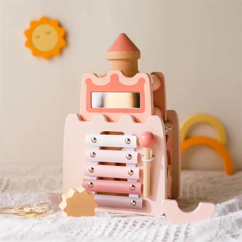 Baby Montessori Toy Wooden Five-in-one Mushroom Castle Stacking Puzzle Toy Kid Houses Blocks Early Childhood Education Game Gift