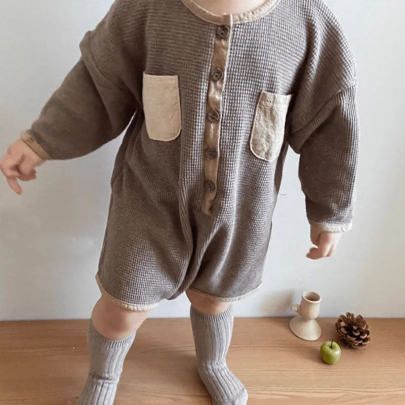 Newborn Baby Girl Boy Cotton Romper Long Sleeve Waffle Jumpsuit Toddler Child Solid Color Pocket Pullover Baby Clothes 3-18M